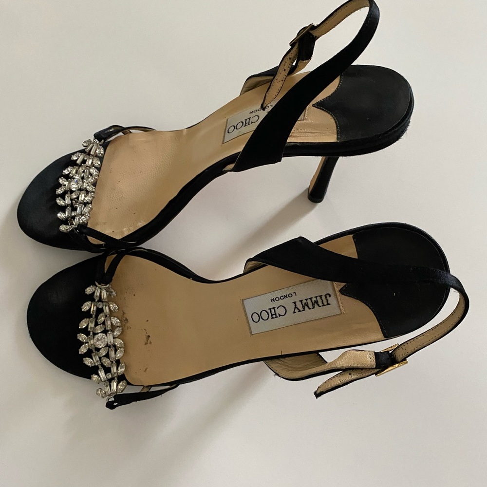 Authentic Jimmy Choo Black Satin dress sandals with crystal strap size 38.5